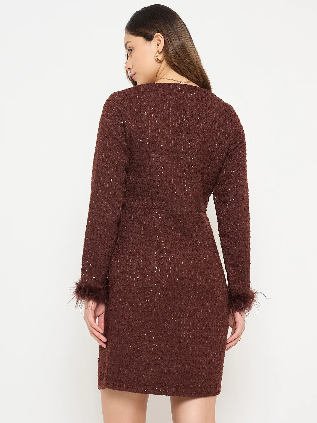 Madame Brown Bodycon Dress with Feather Trim Sleeves - Image 6