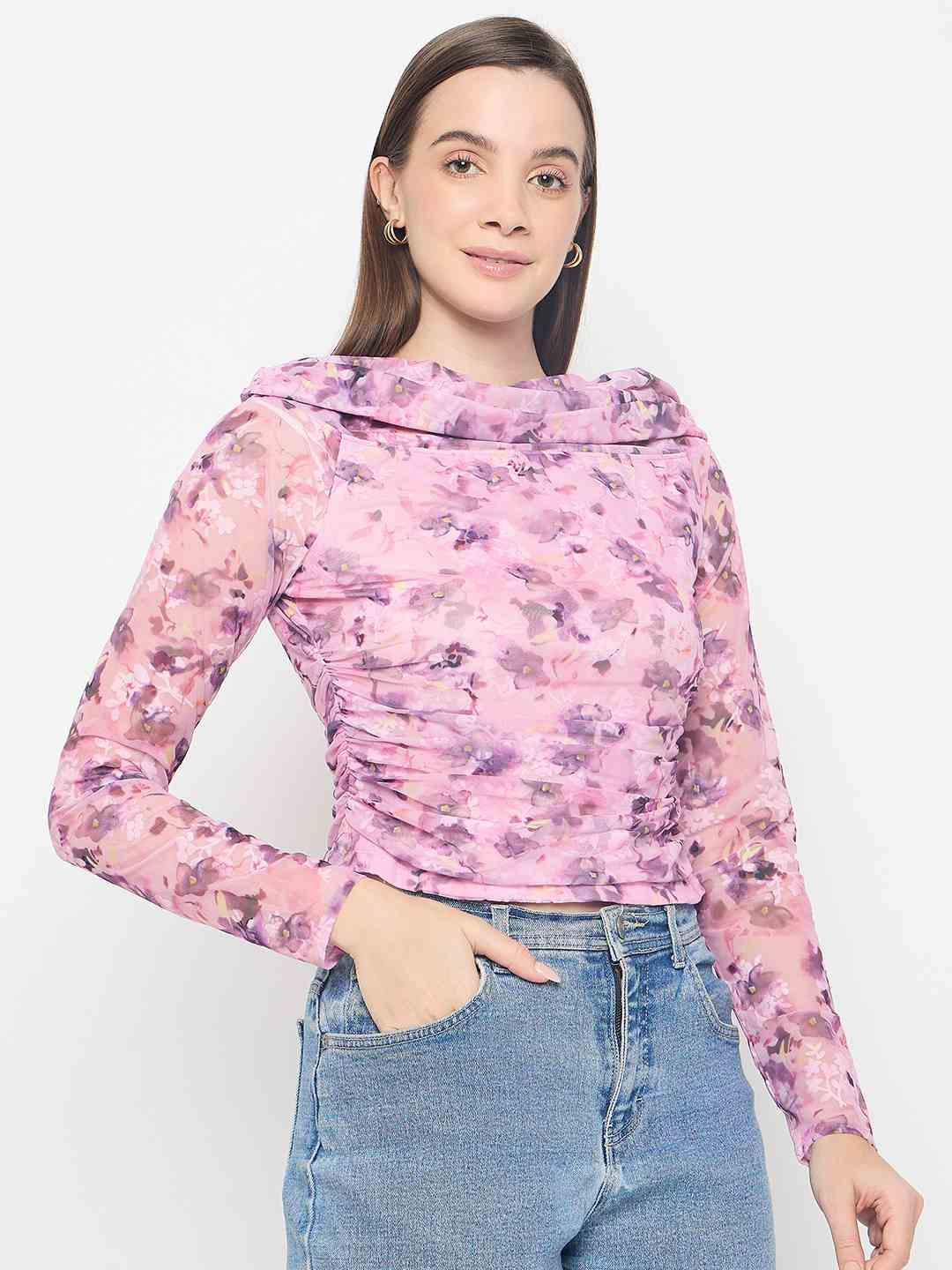 Madame Floral Print Off Shoulder Pink Mesh Top - Image 4