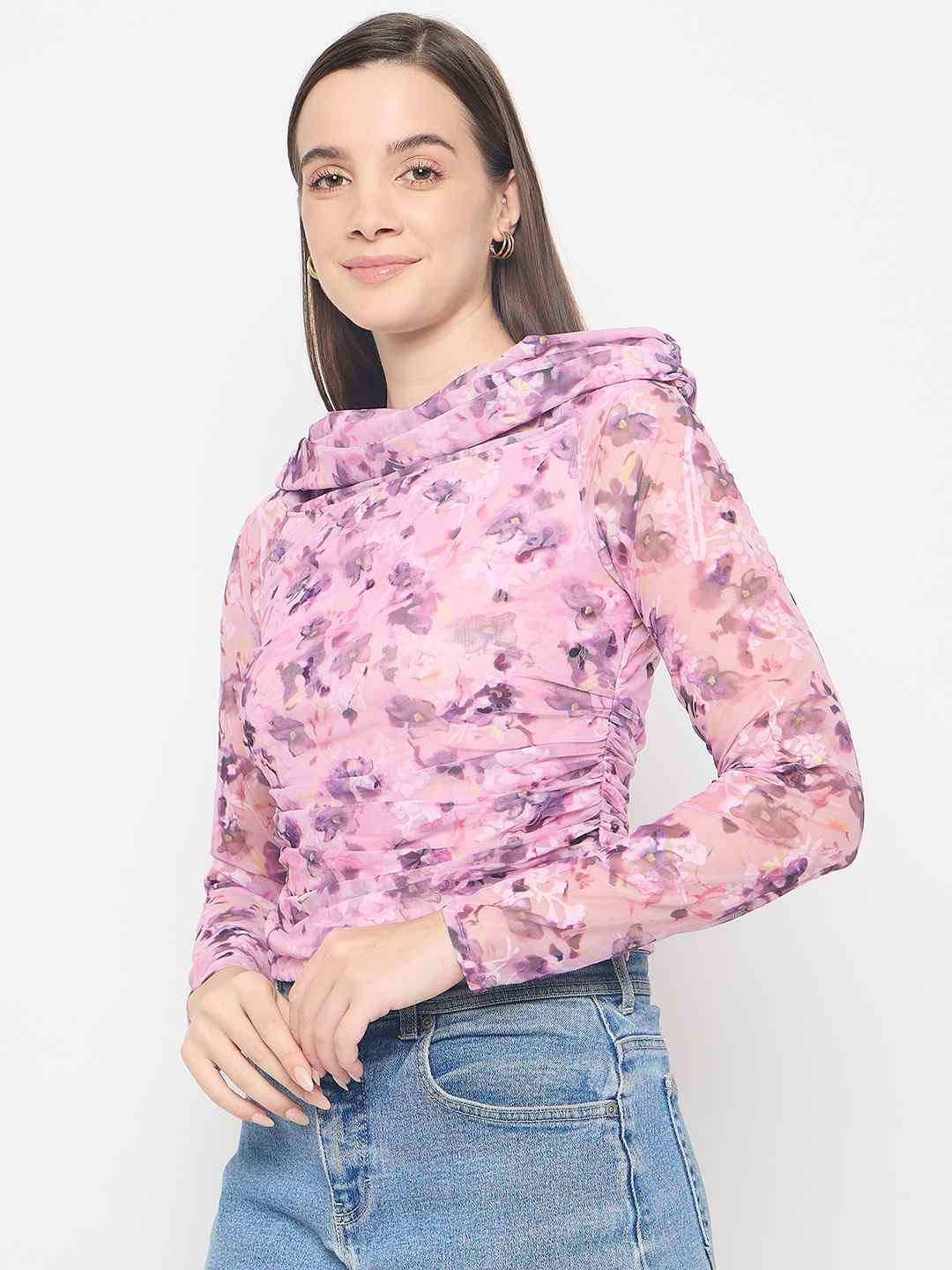 Madame Floral Print Off Shoulder Pink Mesh Top - Image 5