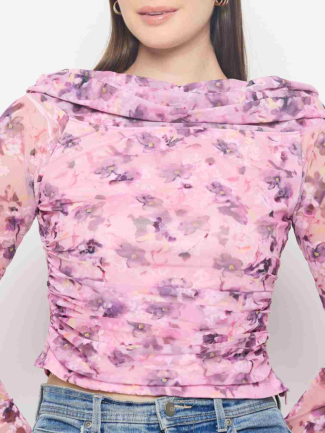 Madame Floral Print Off Shoulder Pink Mesh Top - Image 7