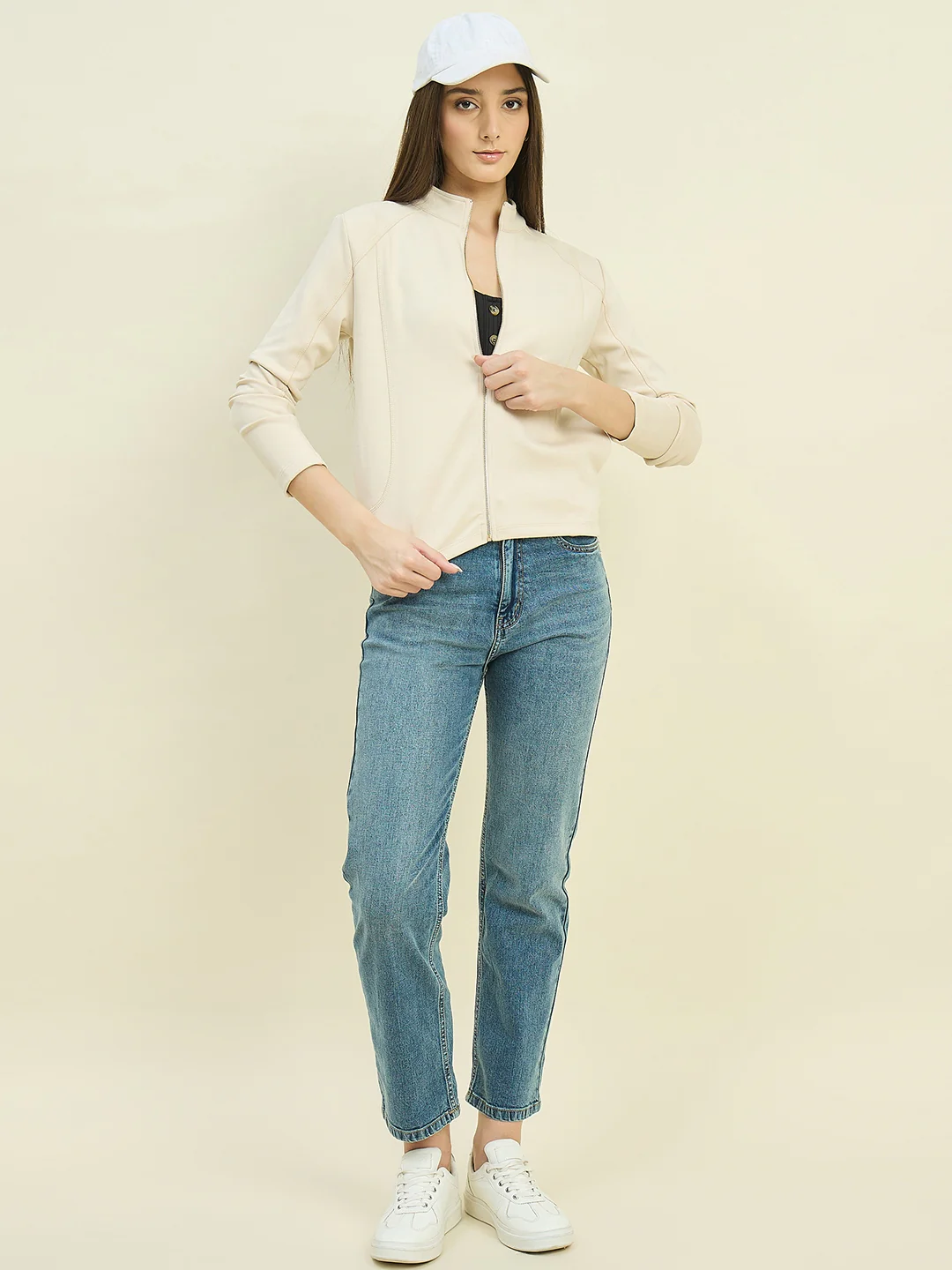 Madame Beige Cotton Blend Mock Neck Sweatshirt - Image 3