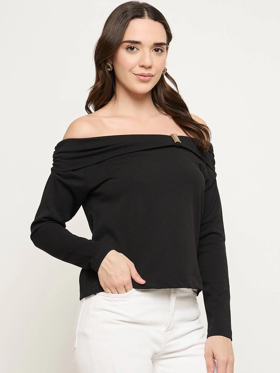 Madame Black Ruched Off Shoulder Top - Image 4