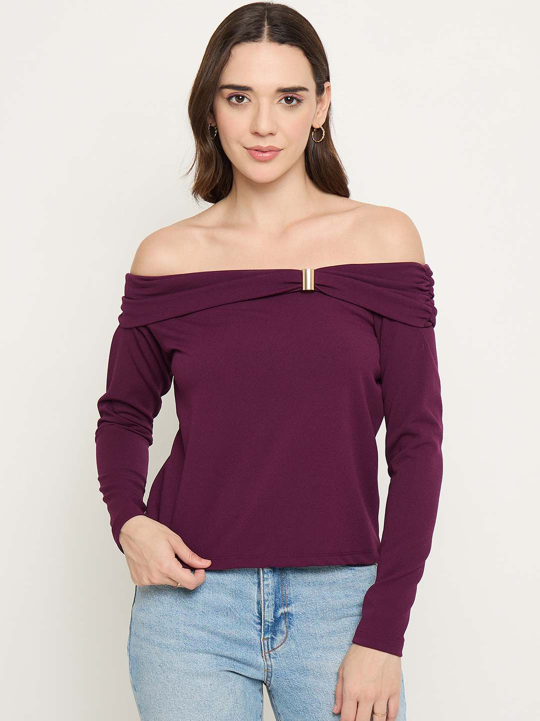 Madame Wine Red Ruched Off Shoulder Top - Image 2