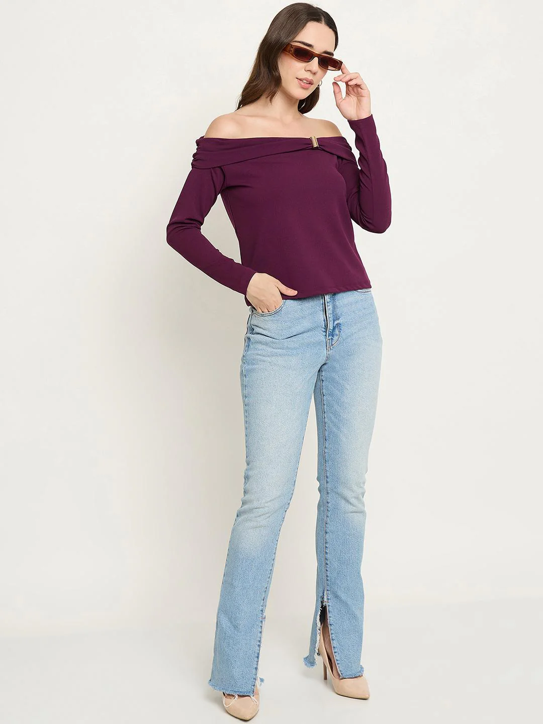 Madame Wine Red Ruched Off Shoulder Top - Image 3