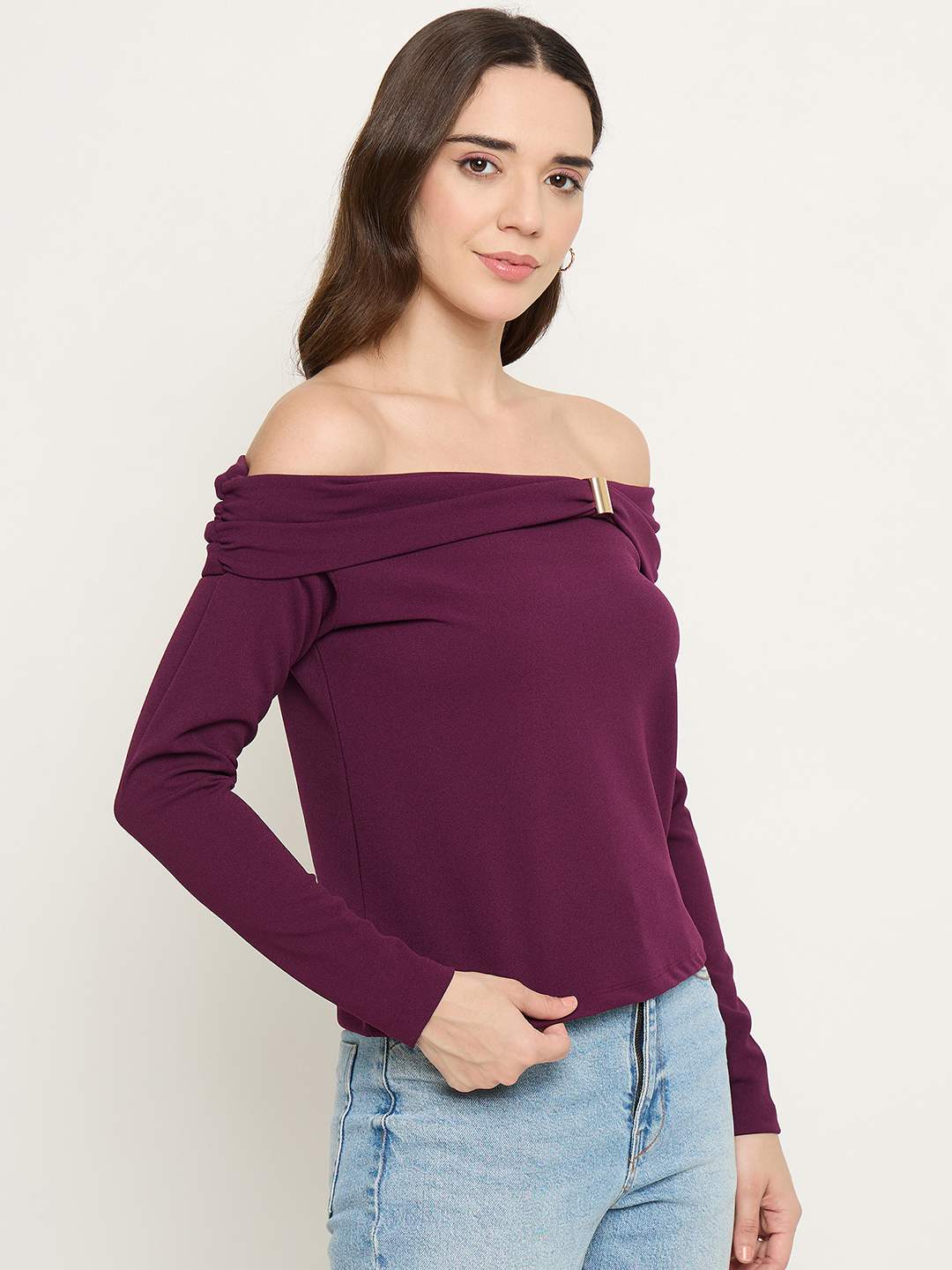 Madame Wine Red Ruched Off Shoulder Top - Image 4