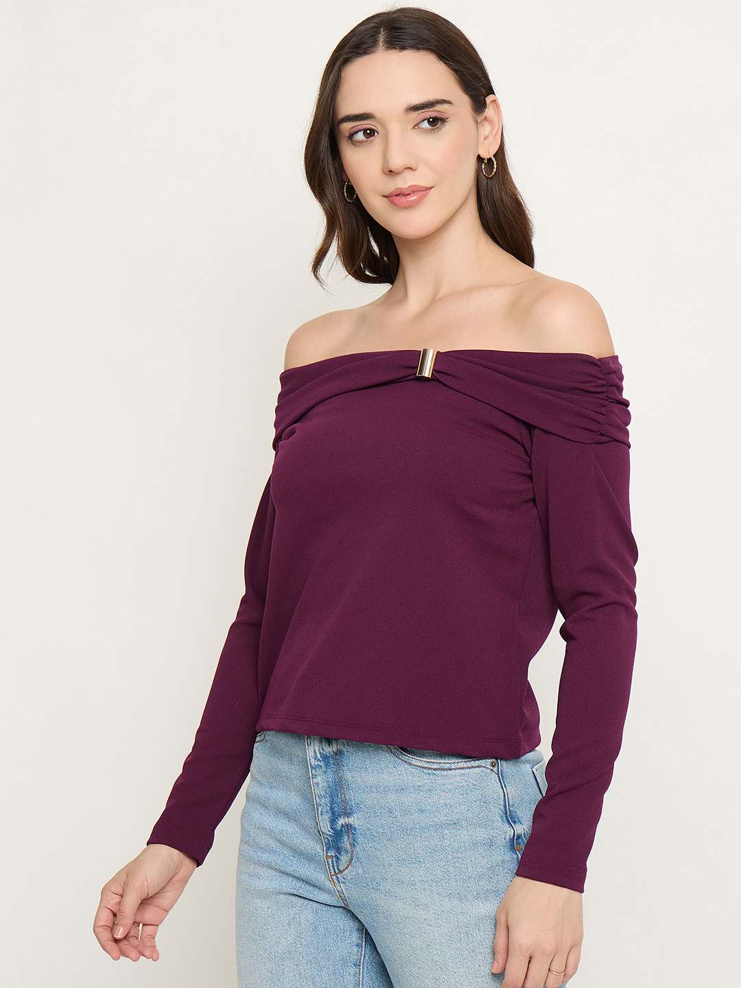 Madame Wine Red Ruched Off Shoulder Top - Image 5