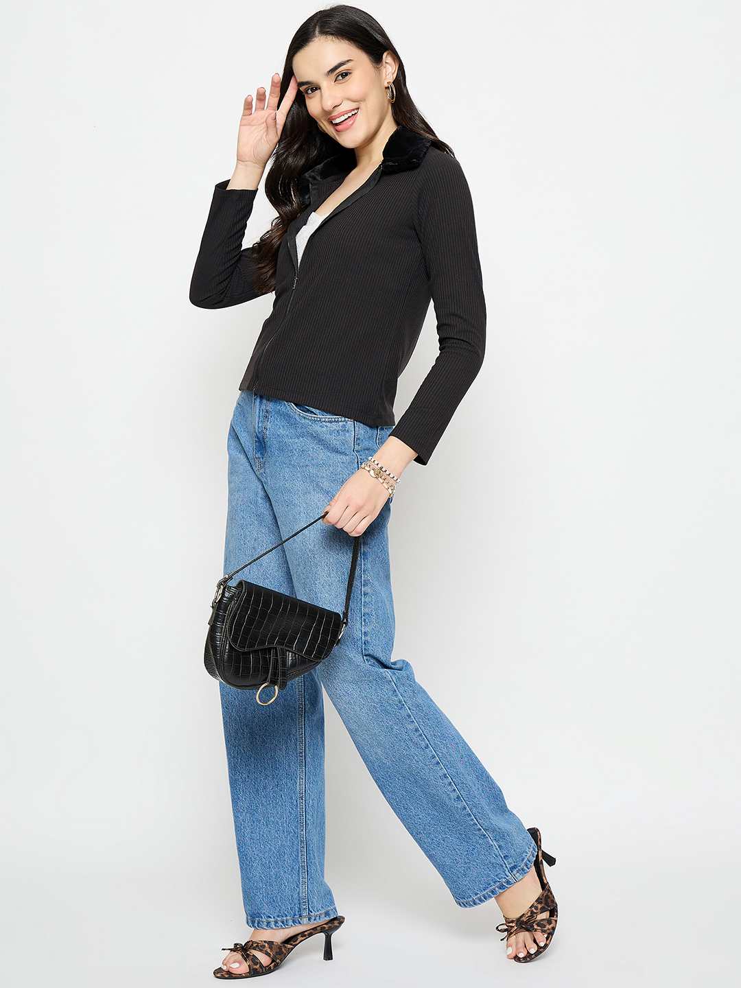 Madame Fur Trimmed Black Zipped Top - Image 2