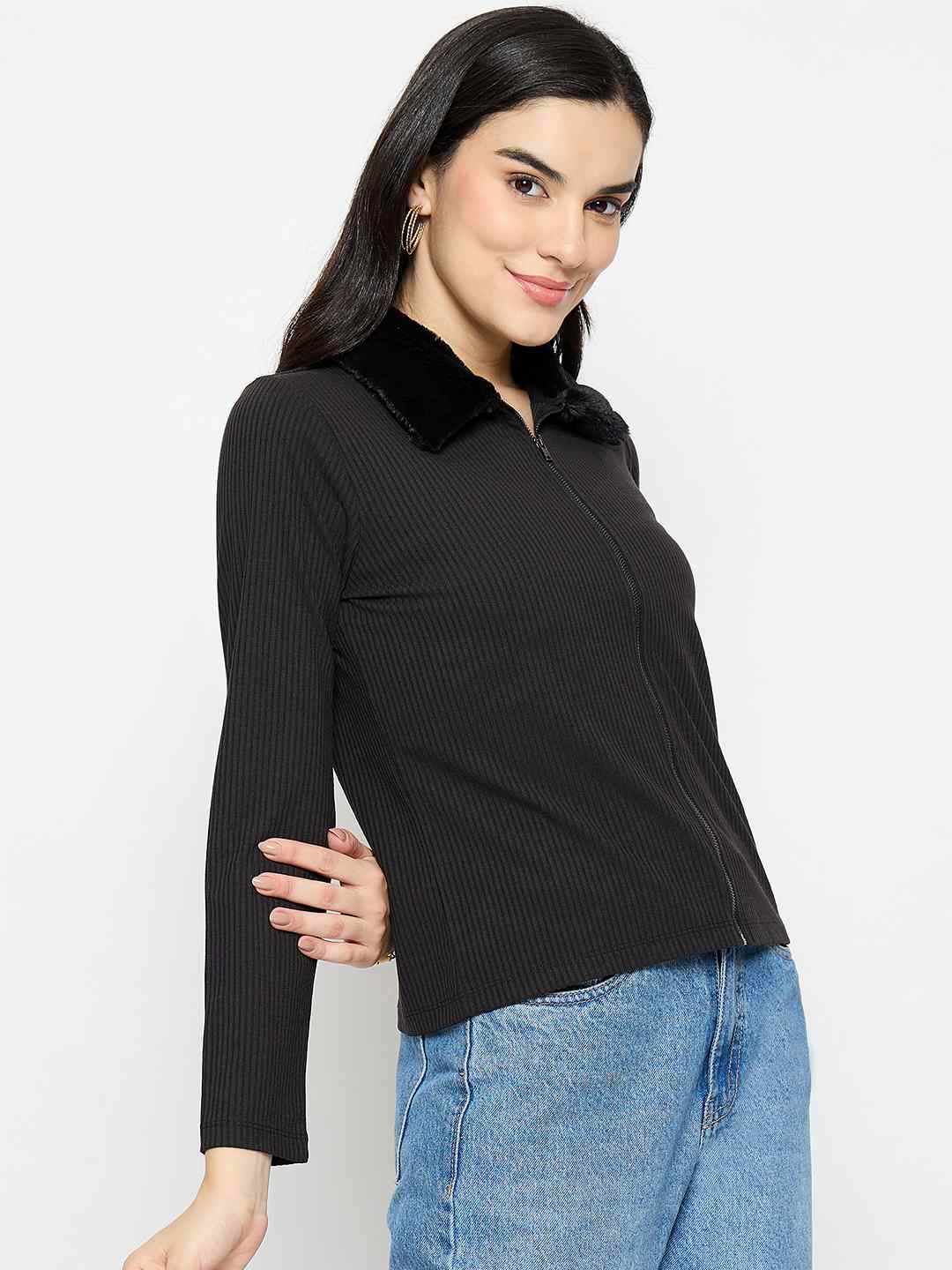 Madame Fur Trimmed Black Zipped Top - Image 4