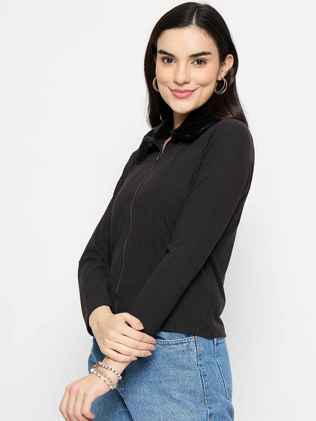 Madame Fur Trimmed Black Zipped Top - Image 5