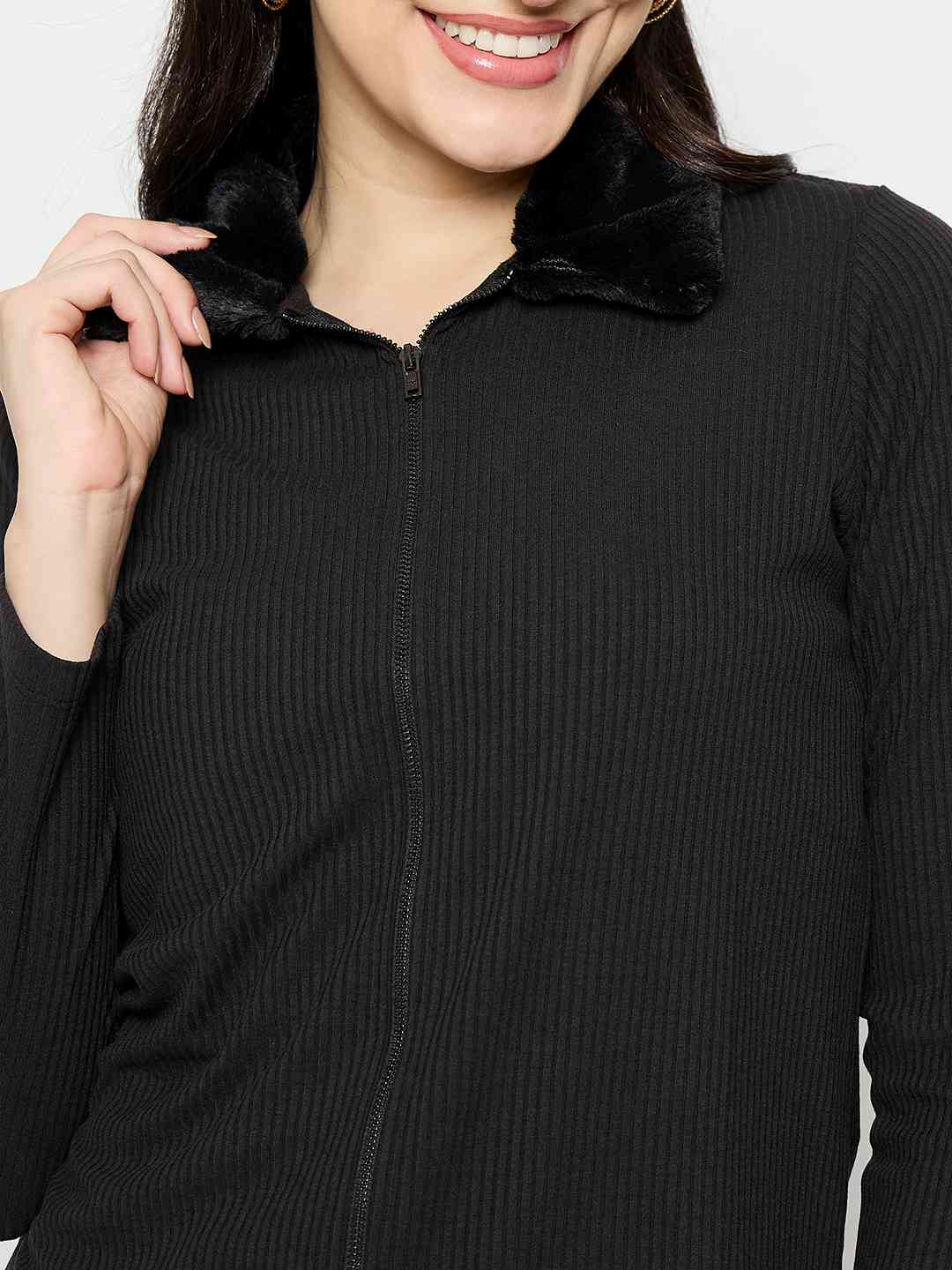 Madame Fur Trimmed Black Zipped Top - Image 7