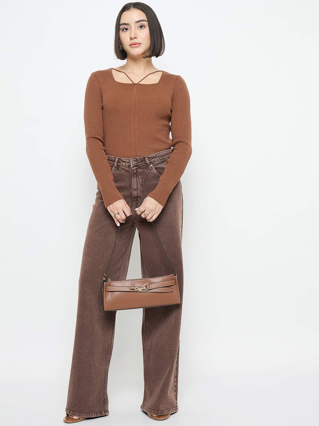 Madame Ribbed Knit Square Neck Coffee Brown Crop Top - Image 2
