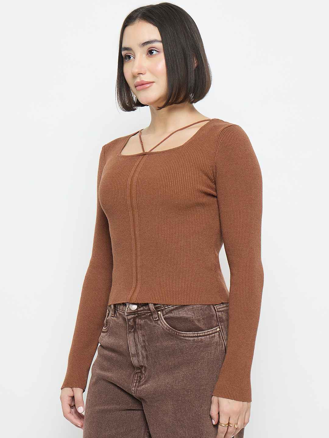 Madame Ribbed Knit Square Neck Coffee Brown Crop Top - Image 5