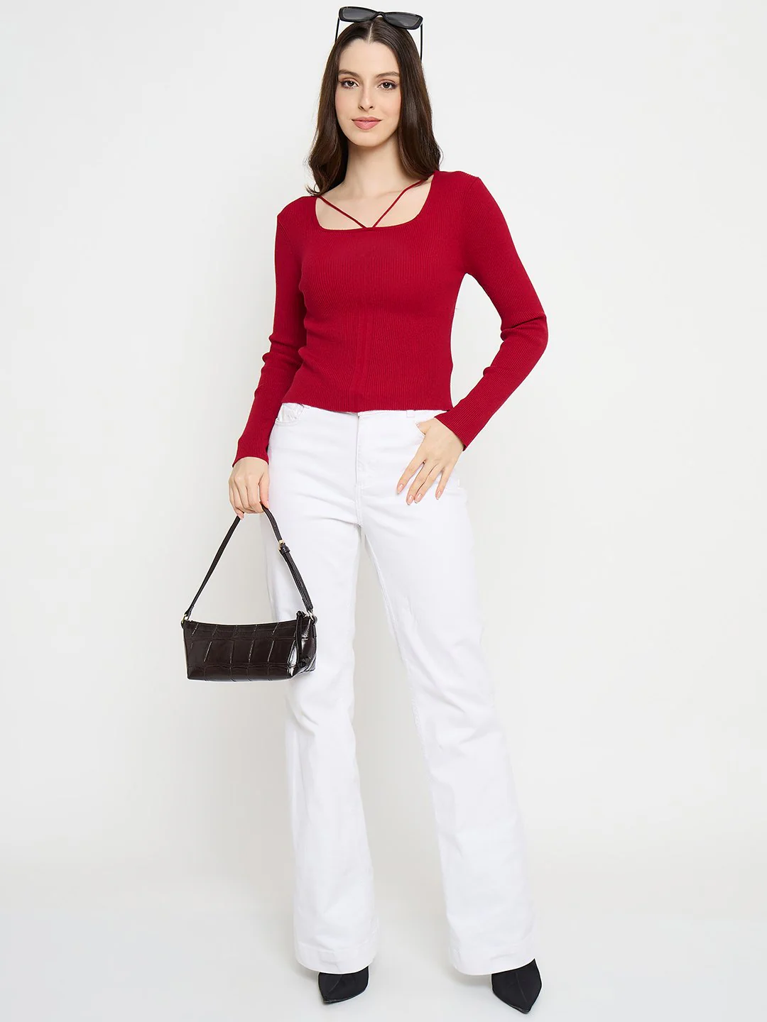 Madame Ribbed Knit Square Neck Red Crop Top - Image 2