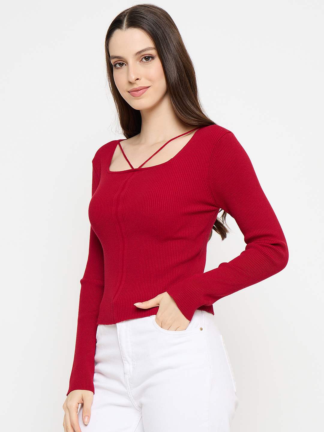 Madame Ribbed Knit Square Neck Red Crop Top - Image 5