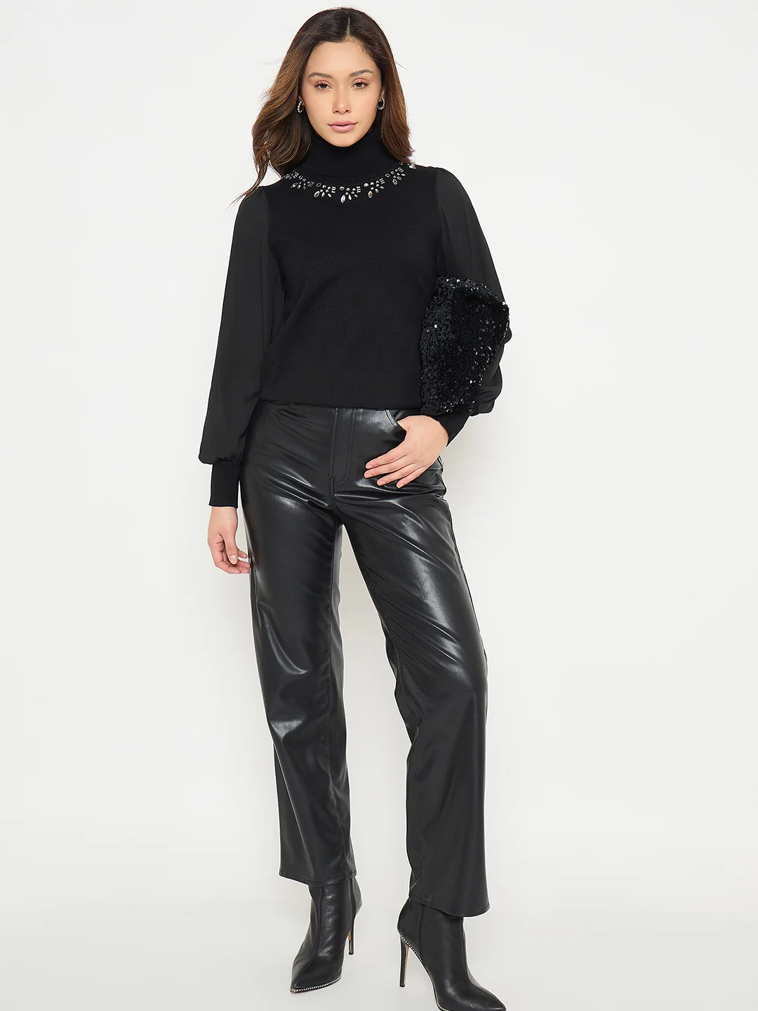 Madame Embroidered Solid Sweater with High Neck and Puff Sleeves - Image 2