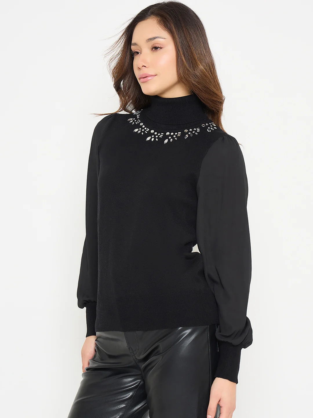 Madame Embroidered Solid Sweater with High Neck and Puff Sleeves - Image 3