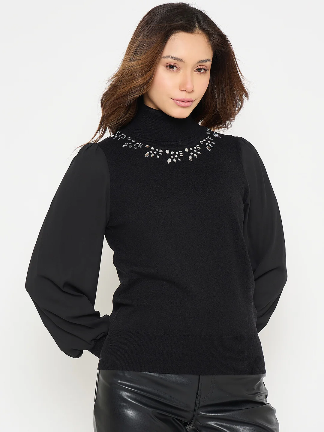 Madame Embroidered Solid Sweater with High Neck and Puff Sleeves - Image 4
