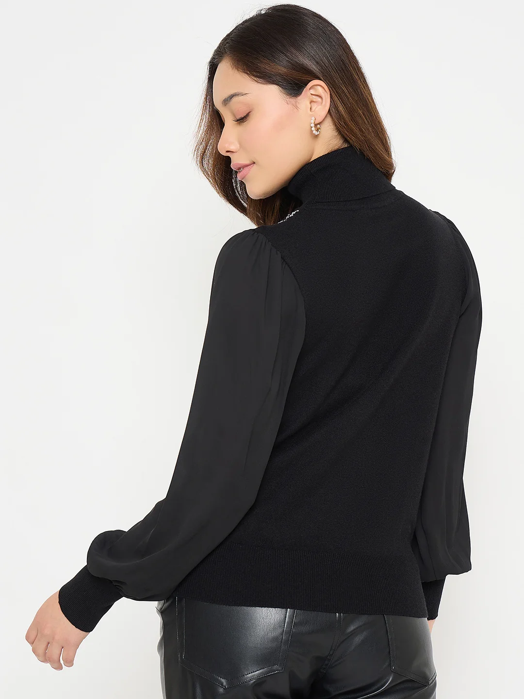 Madame Embroidered Solid Sweater with High Neck and Puff Sleeves - Image 5