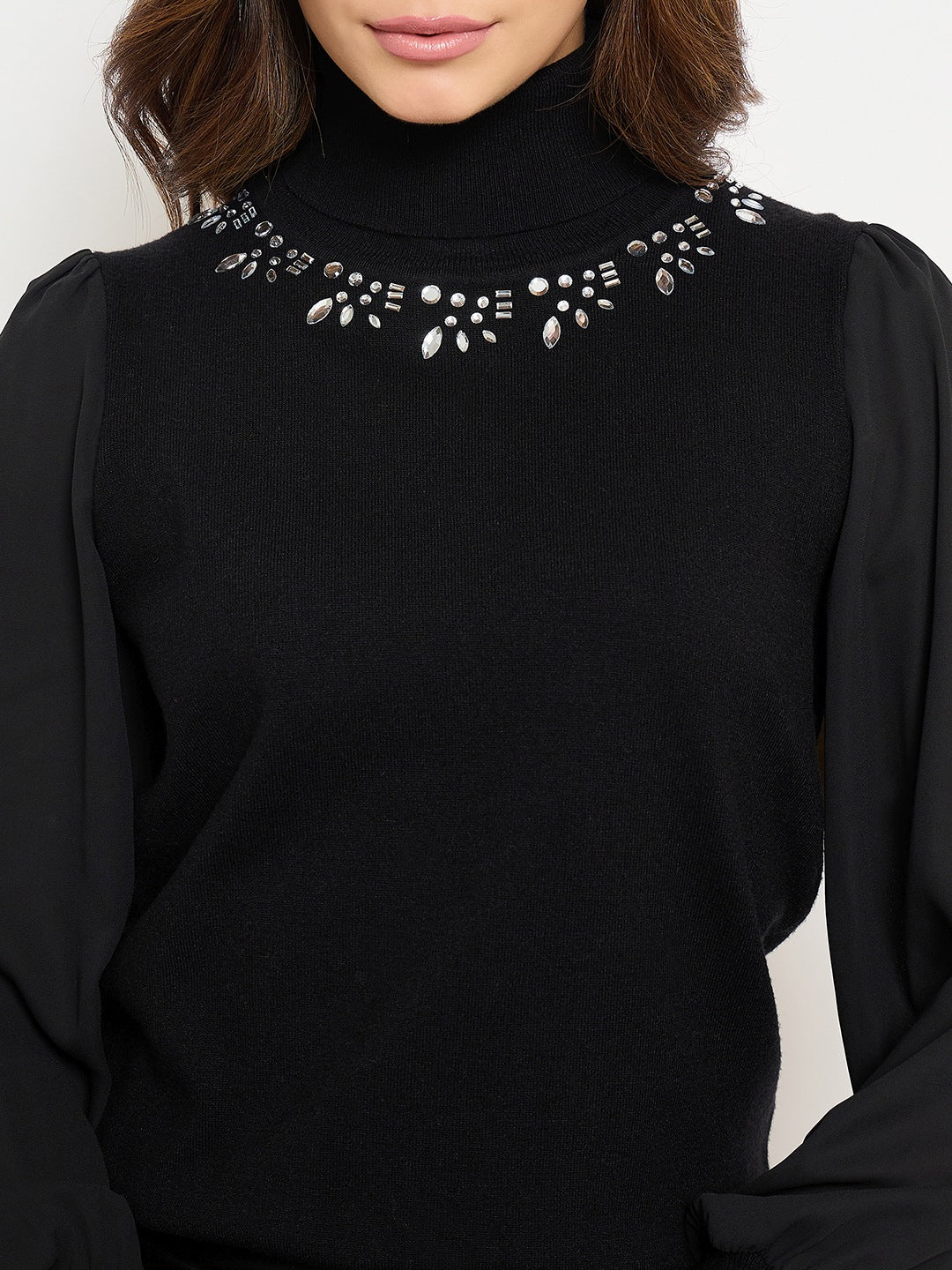 Madame Embroidered Solid Sweater with High Neck and Puff Sleeves - Image 6