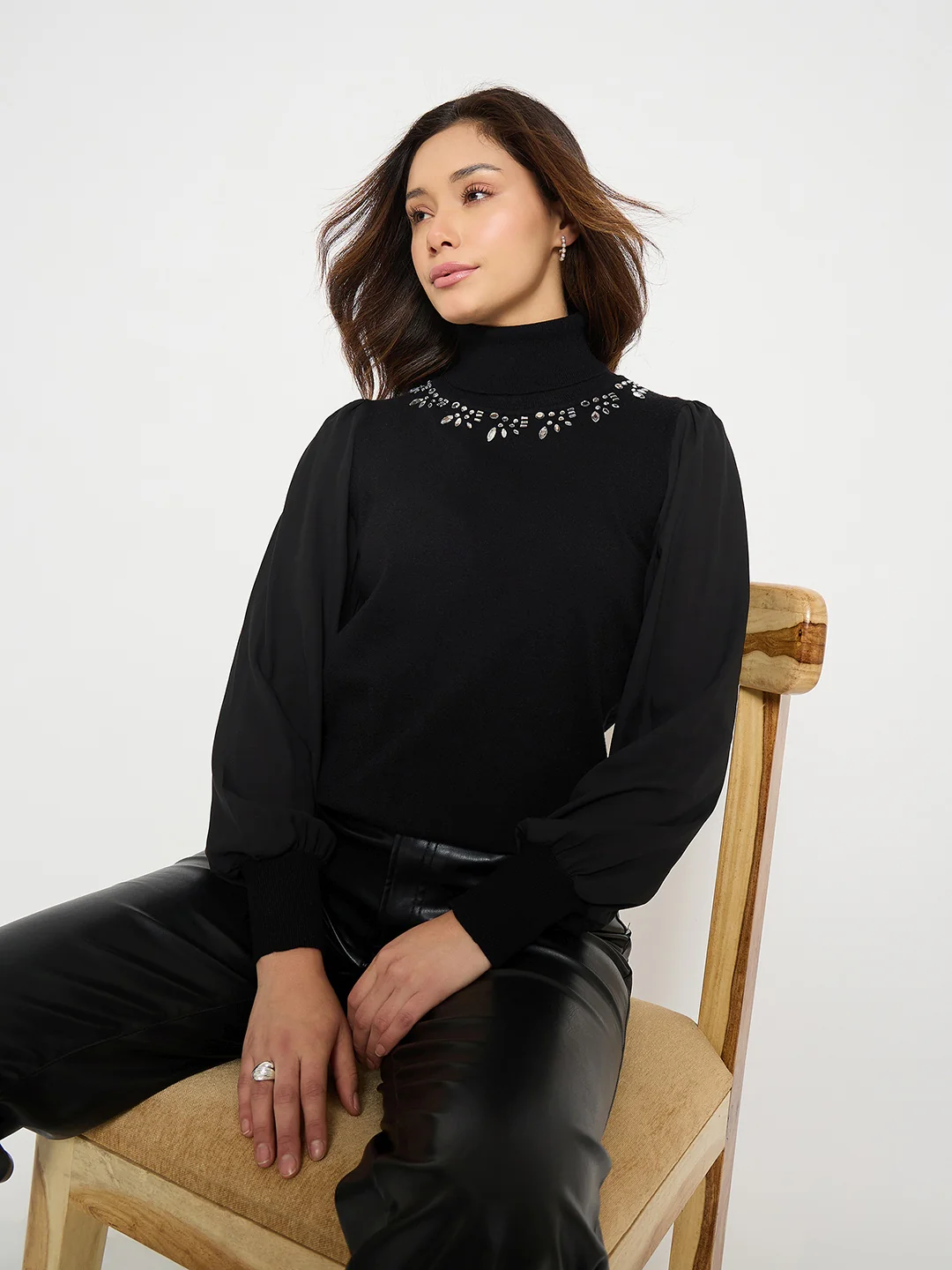 Madame Embroidered Solid Sweater with High Neck and Puff Sleeves - Image 7