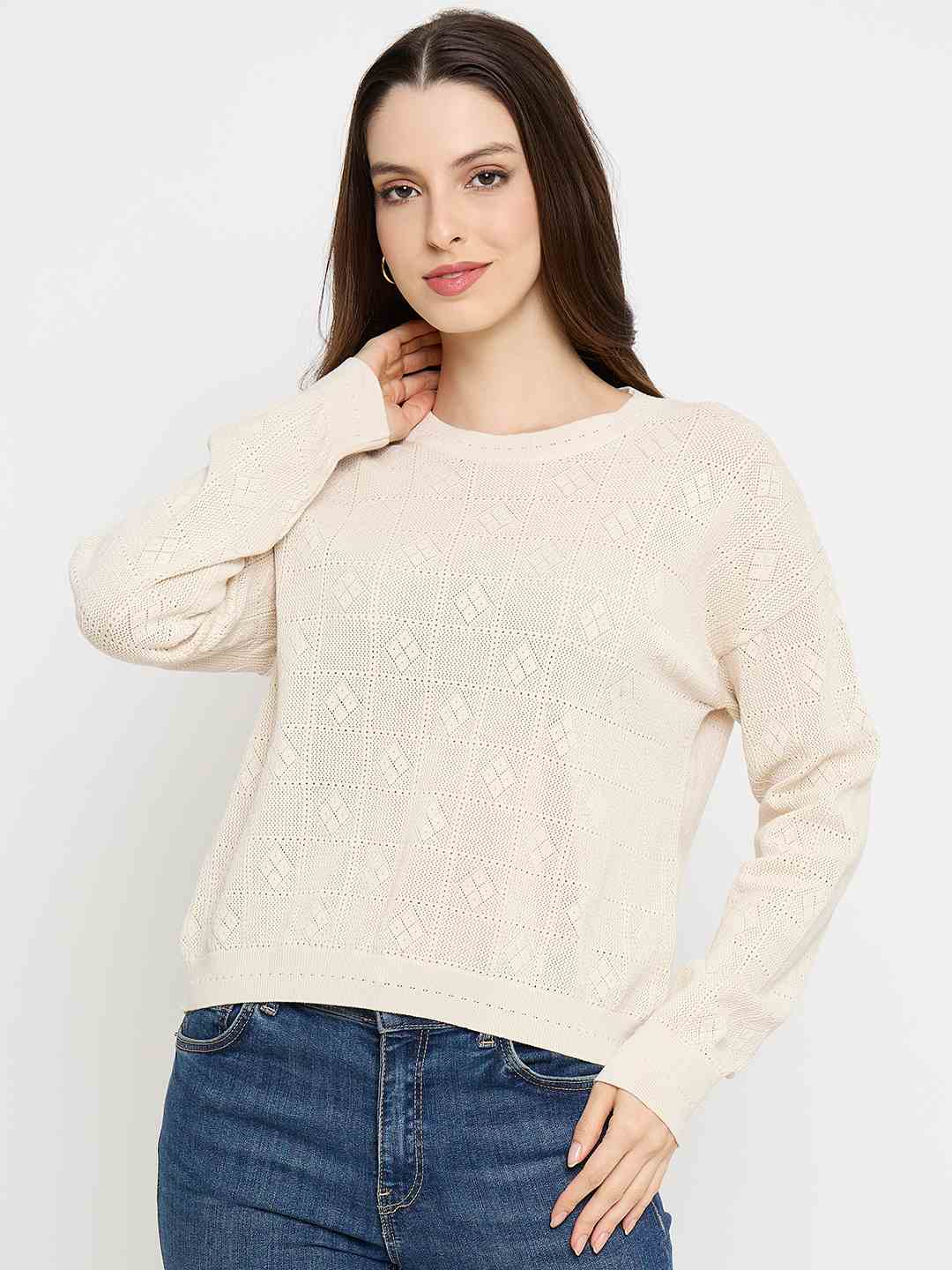 Madame Textured Knit Beige Pullover Sweater - Image 3