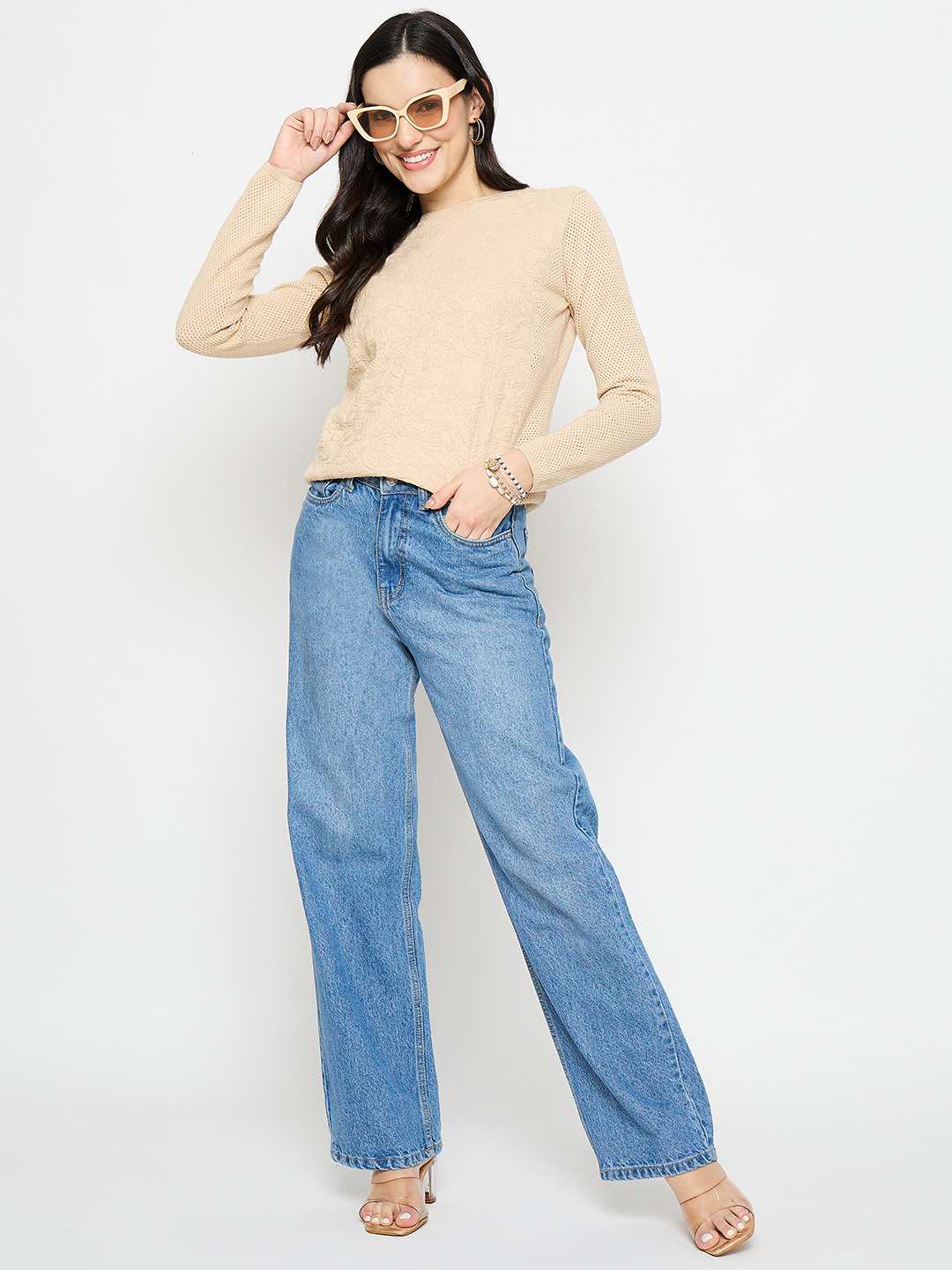 Madame Textured Viscose Blend Beige Knitted Top - Image 2