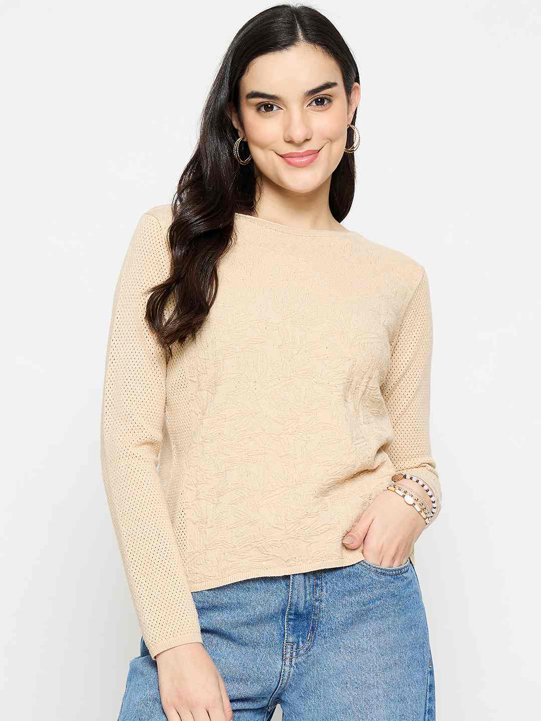 Madame Textured Viscose Blend Beige Knitted Top - Image 3
