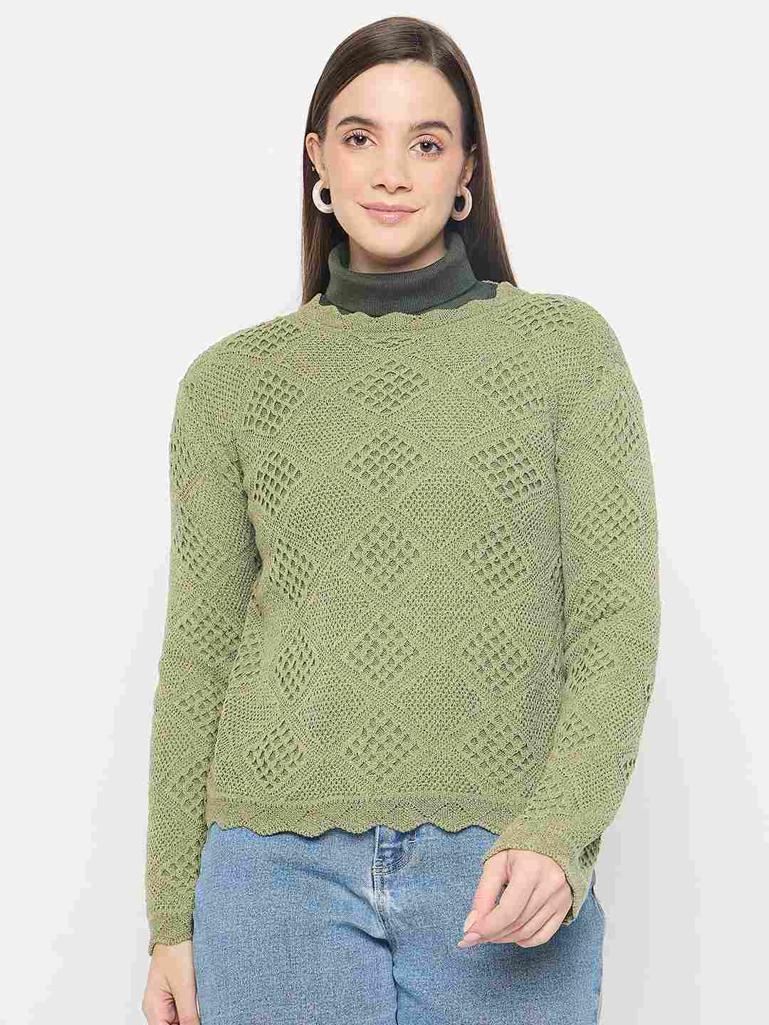 Madame Textured Scalloped Hem Green Knitted Top - Image 3