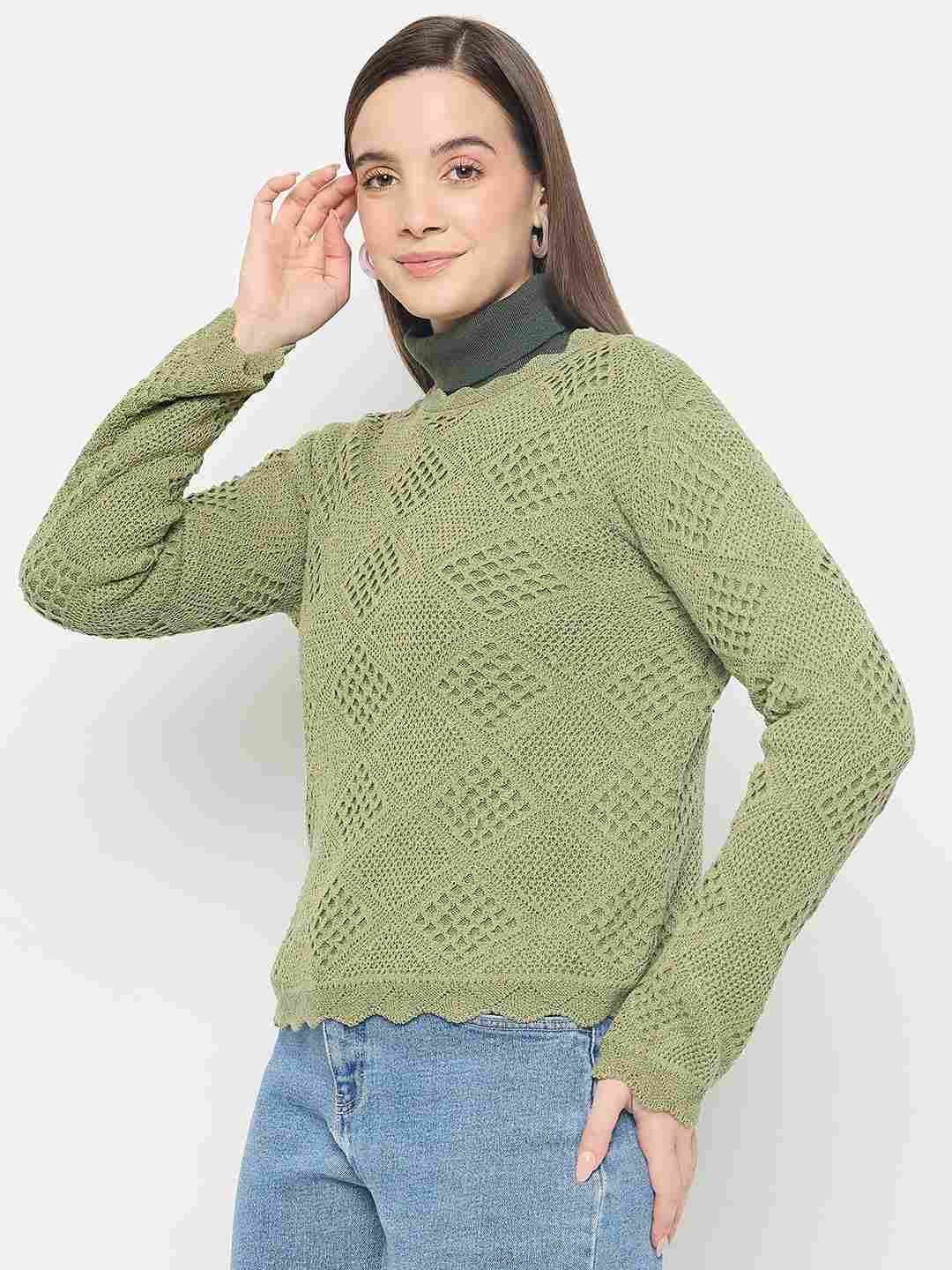 Madame Textured Scalloped Hem Green Knitted Top - Image 4