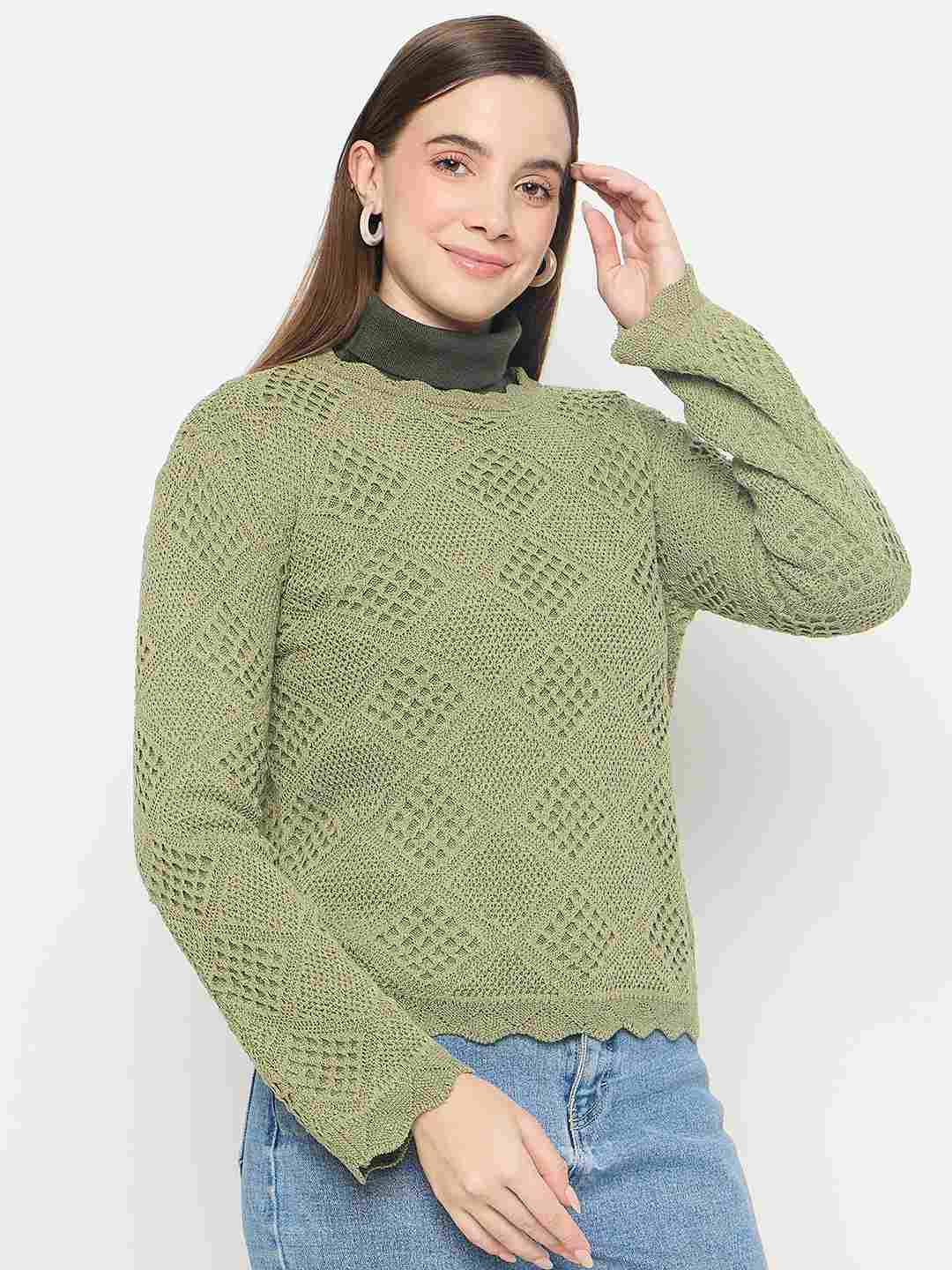 Madame Textured Scalloped Hem Green Knitted Top - Image 5