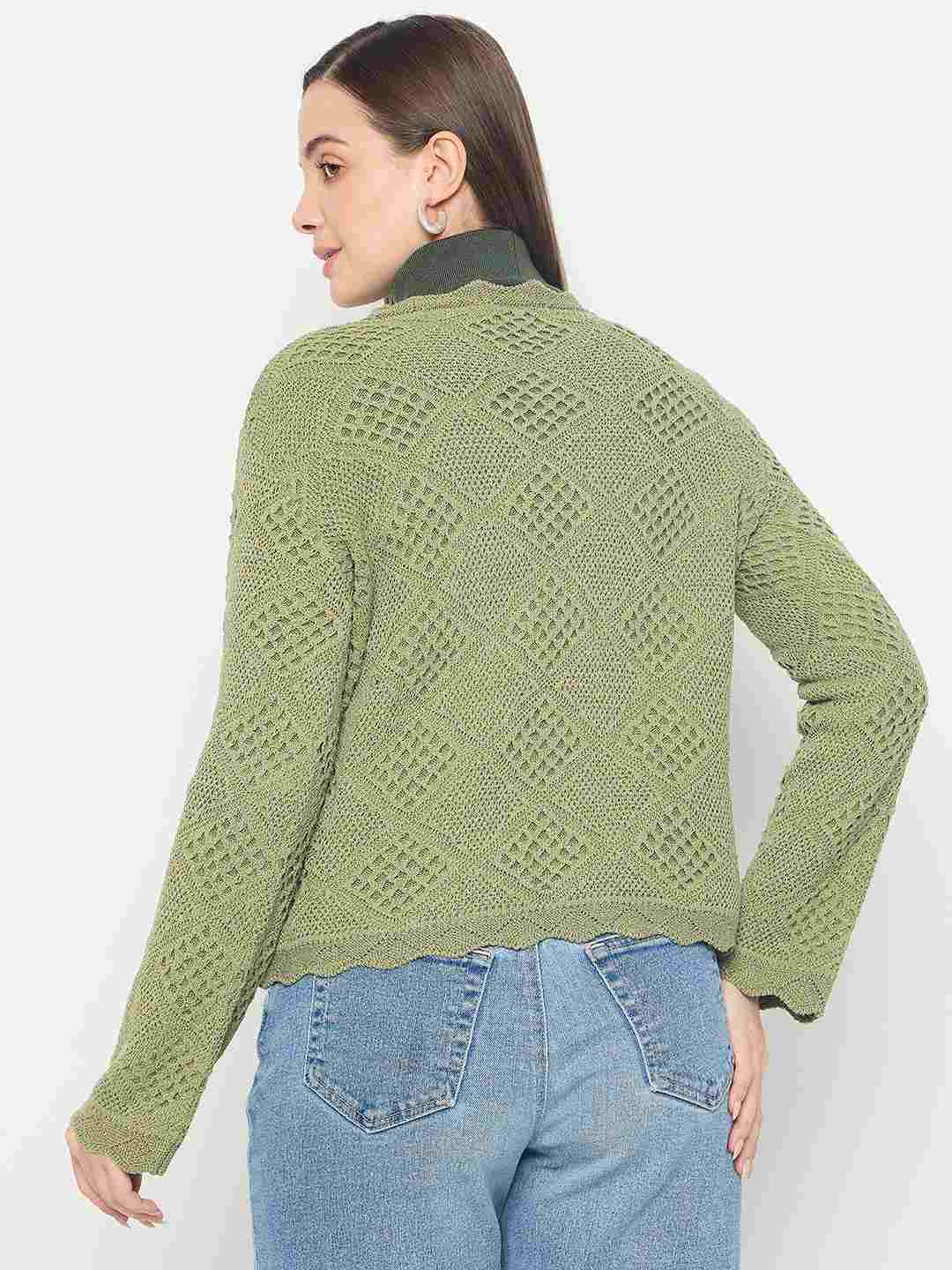 Madame Textured Scalloped Hem Green Knitted Top - Image 7