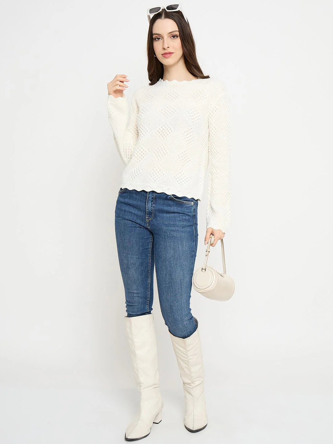 Madame Textured Scalloped Hem Off White Knitted Top - Image 3