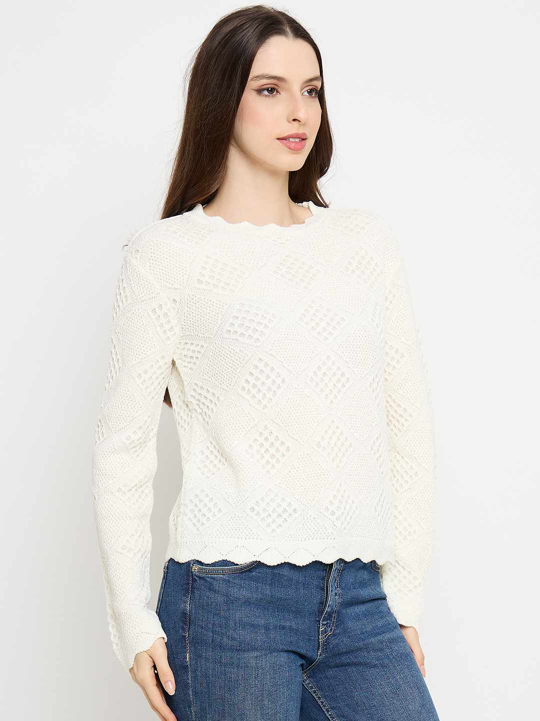 Madame Textured Scalloped Hem Off White Knitted Top - Image 4
