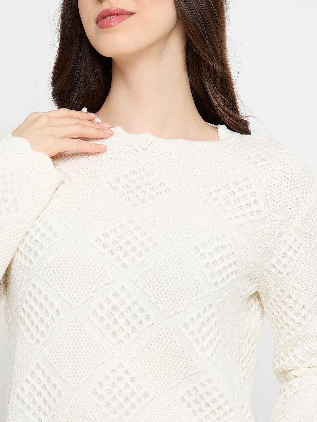Madame Textured Scalloped Hem Off White Knitted Top - Image 7