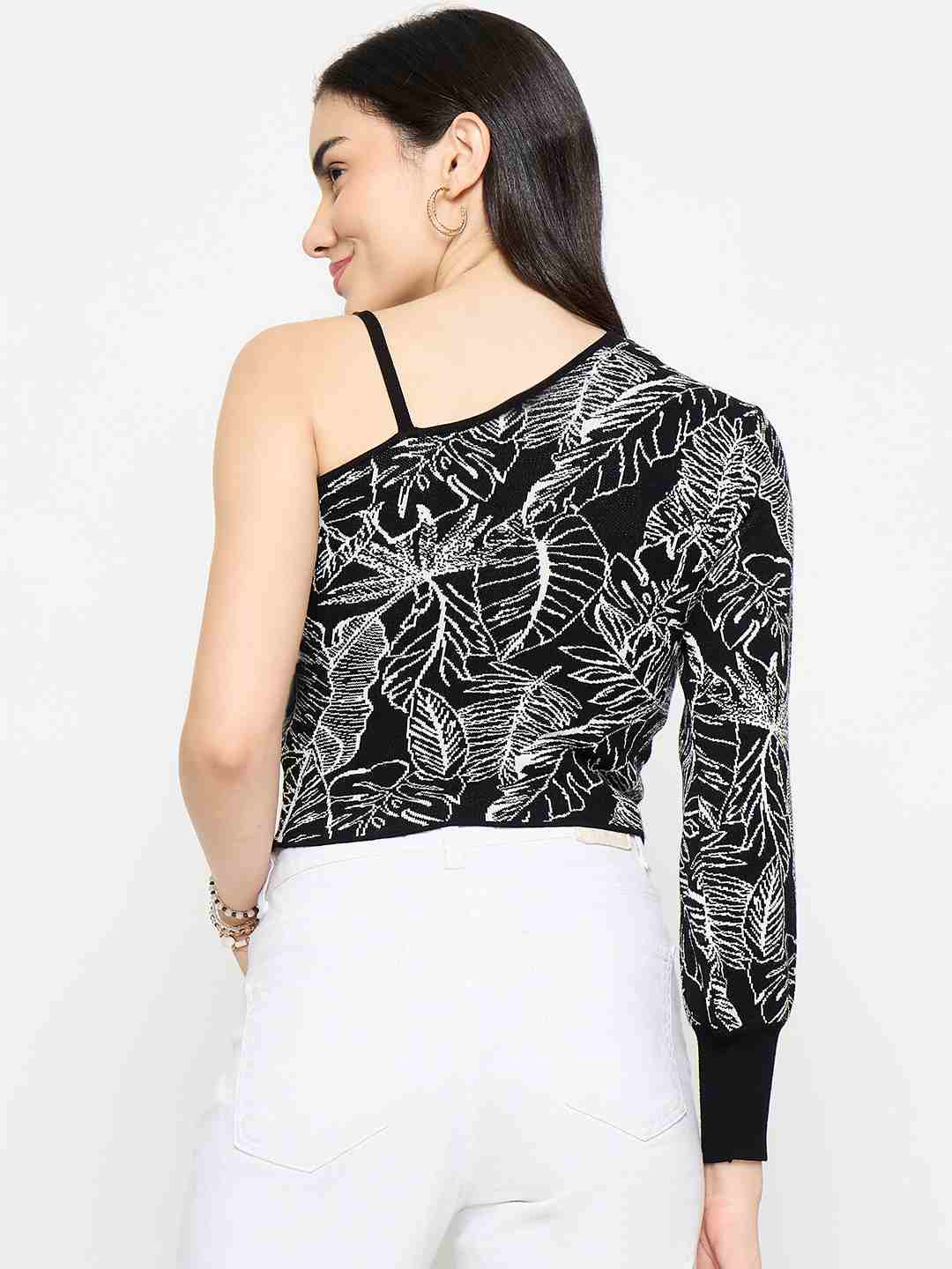 Madame Printed One Shoulder Black Knitted Top - Image 6