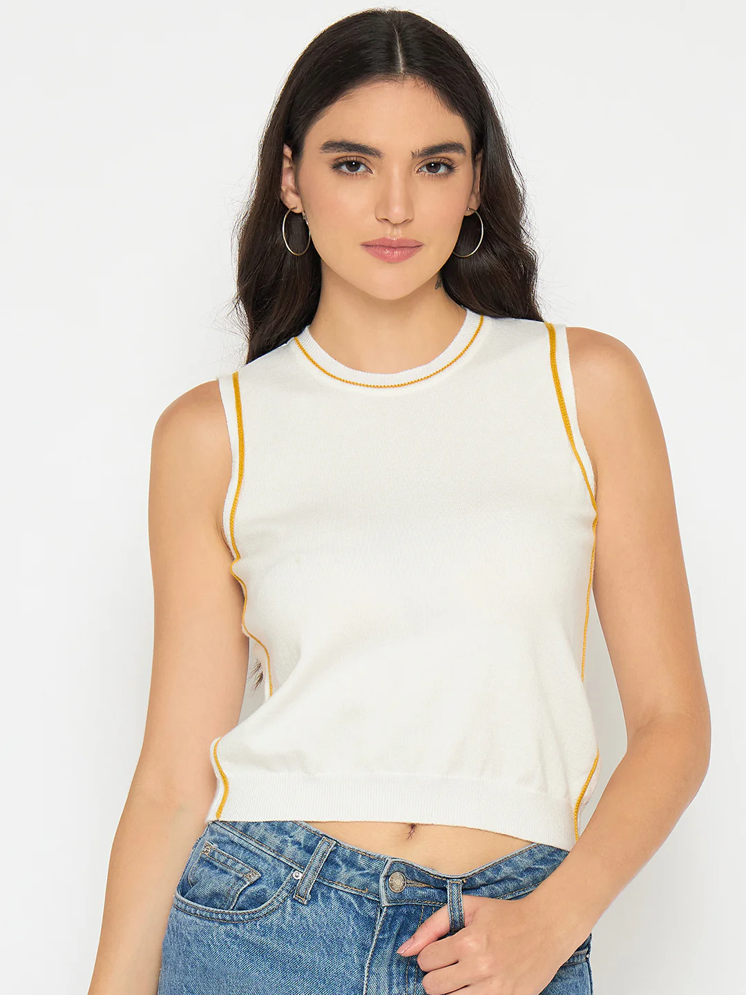 Madame Contrast Trim Yellow Knitted Top - Image 3