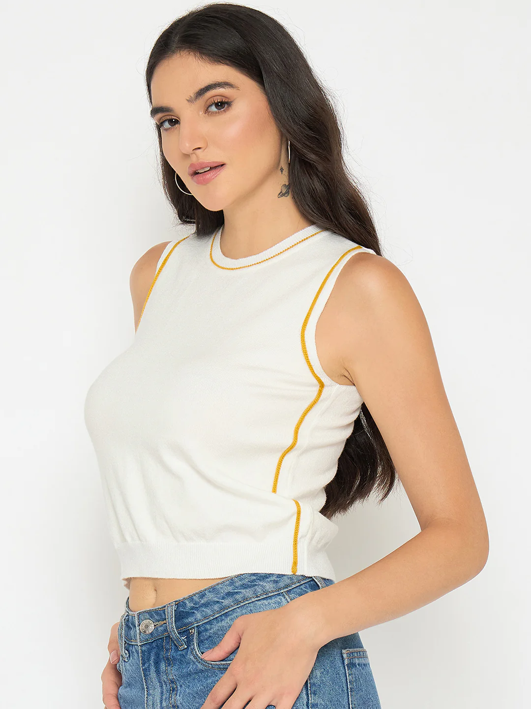 Madame Contrast Trim Yellow Knitted Top - Image 5