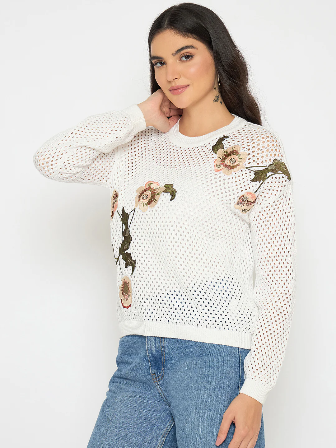 Madame Embroidered Semi Sheer Off White Knitted Top - Image 5