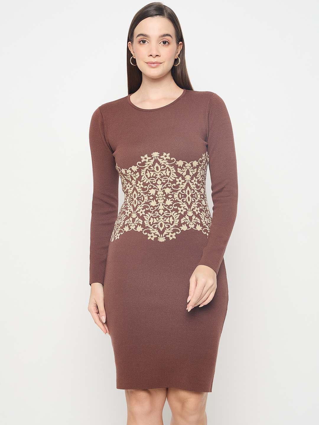 Madame Abstract Print Viscose Blend Coffee Brown Knitted Dress - Image 3