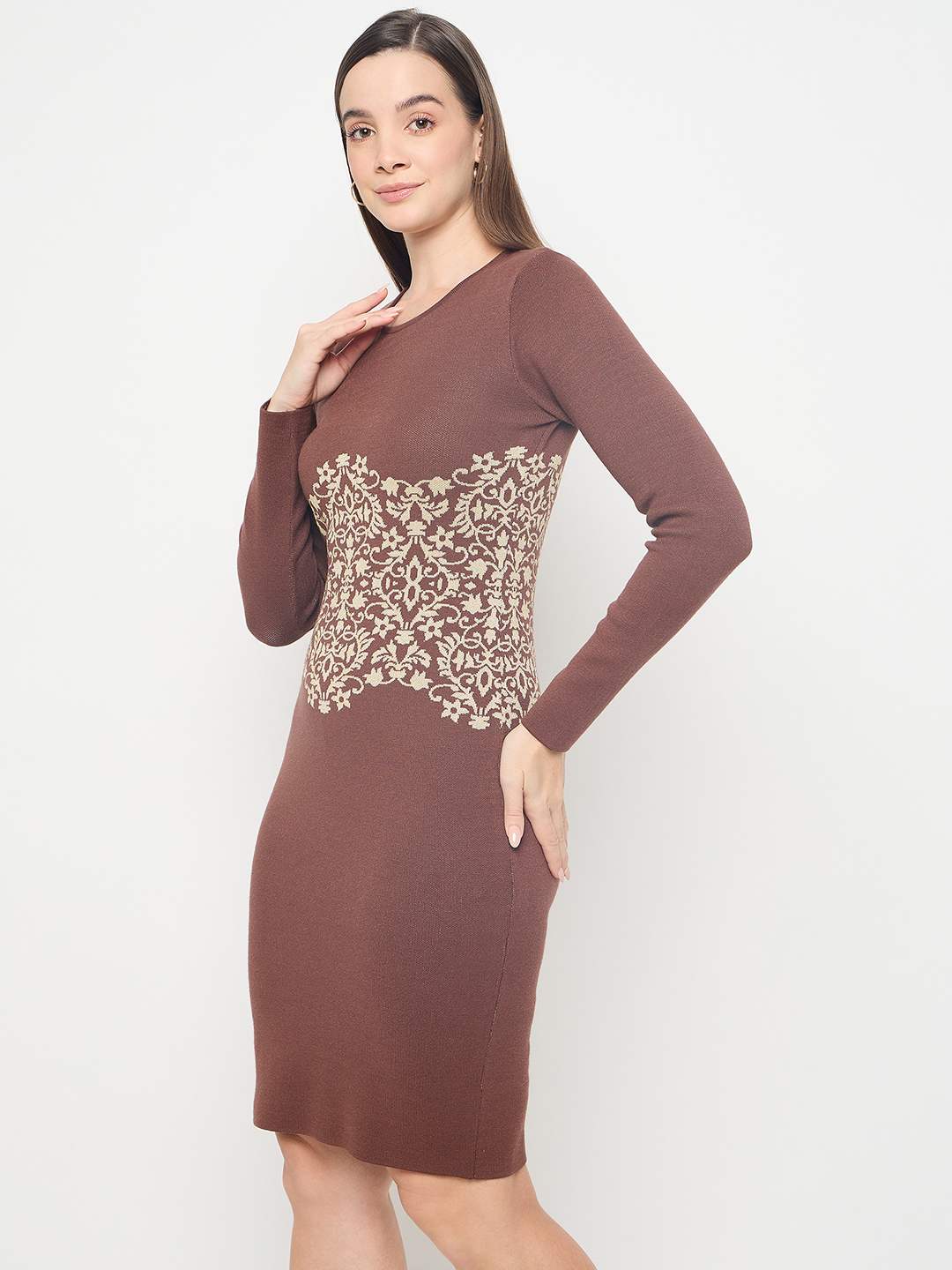 Madame Abstract Print Viscose Blend Coffee Brown Knitted Dress - Image 5
