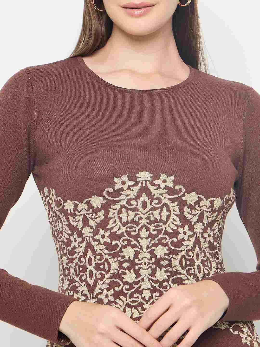 Madame Abstract Print Viscose Blend Coffee Brown Knitted Dress - Image 7