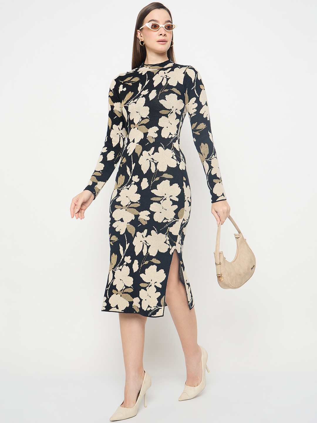 Madame Floral Print Black Knitted Midi Dress - Image 2