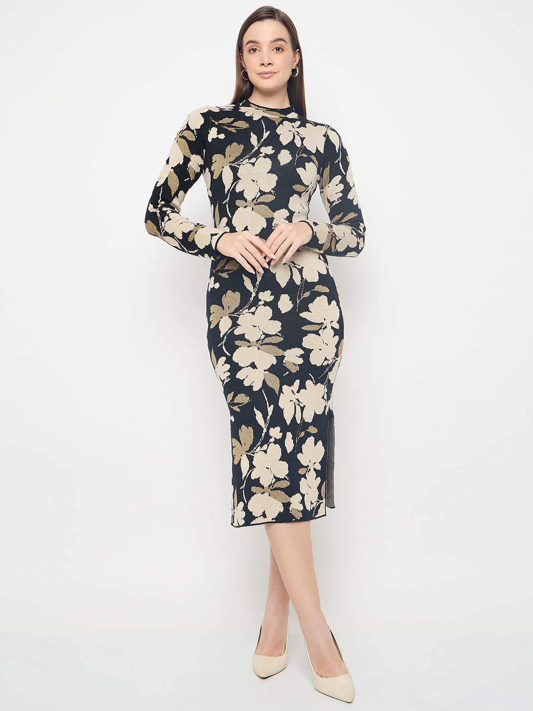 Madame Floral Print Black Knitted Midi Dress - Image 3