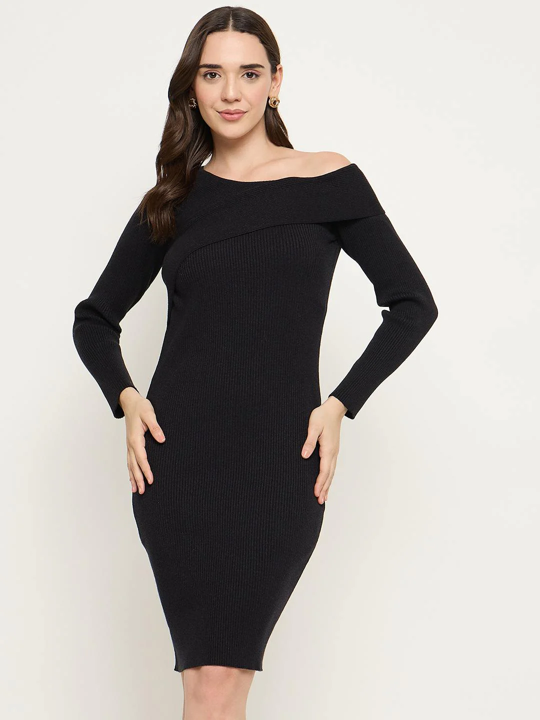Madame Neck Overlap Black Knit Dress - Image 2