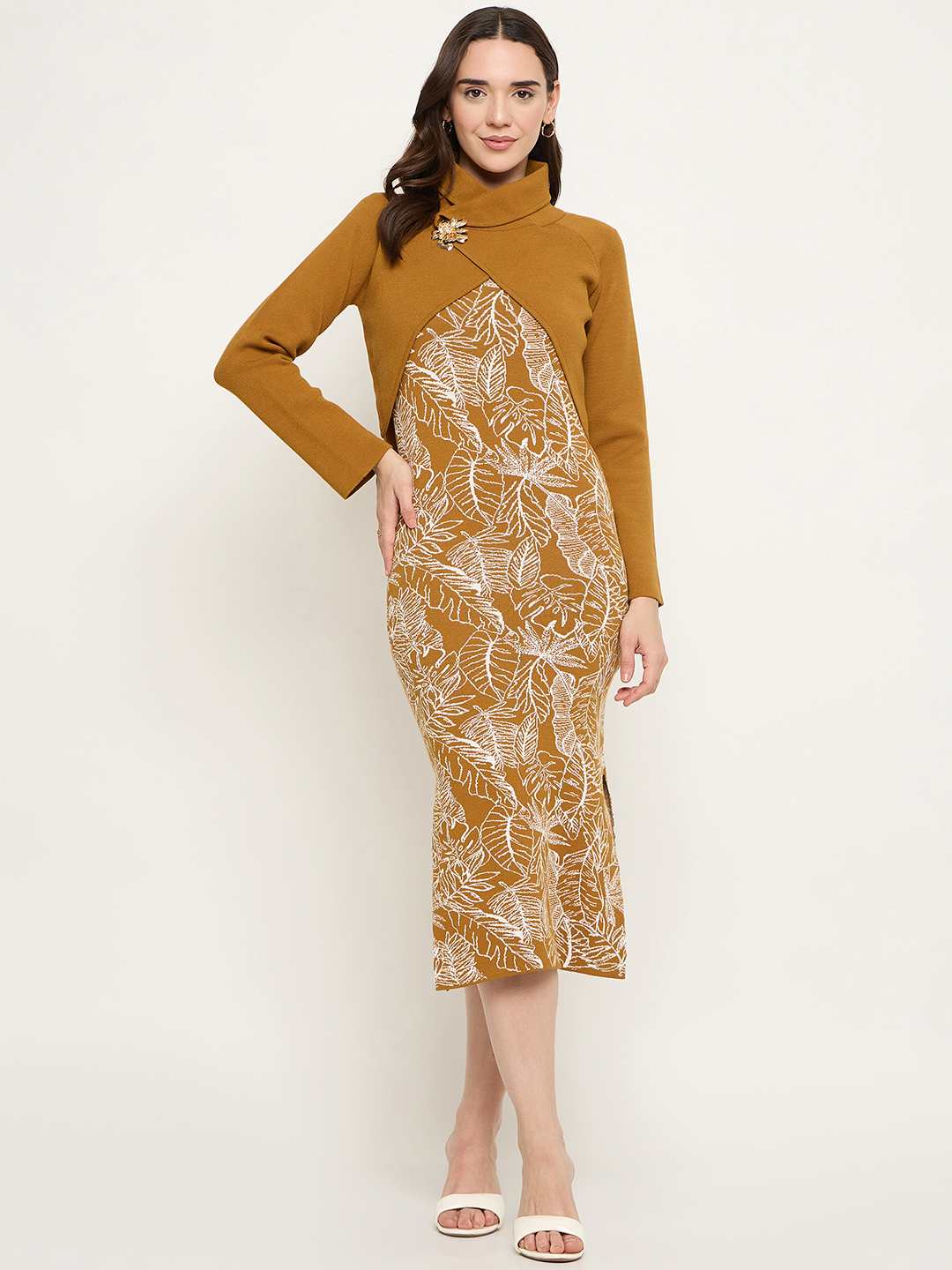 Madame Floral Print Dress and Wrap Sweater Mustard Yellow Co-ord Set - Image 2