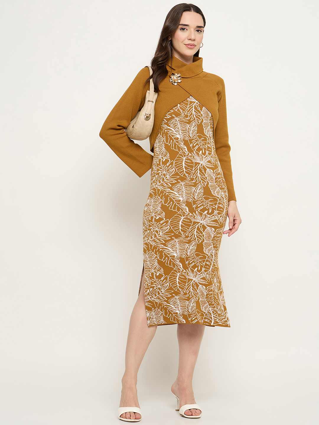 Madame Floral Print Dress and Wrap Sweater Mustard Yellow Co-ord Set - Image 3