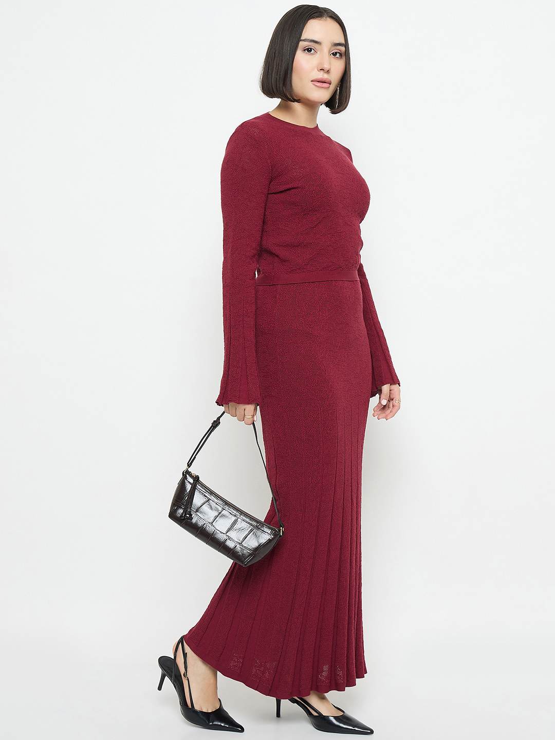 Madame Full Sleeve Top and Maxi Skirt Wine Red Knitted Co-ord Set - Image 2