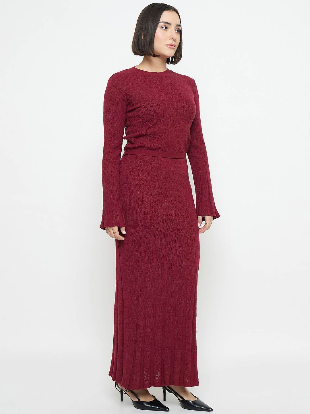 Madame Full Sleeve Top and Maxi Skirt Wine Red Knitted Co-ord Set - Image 4