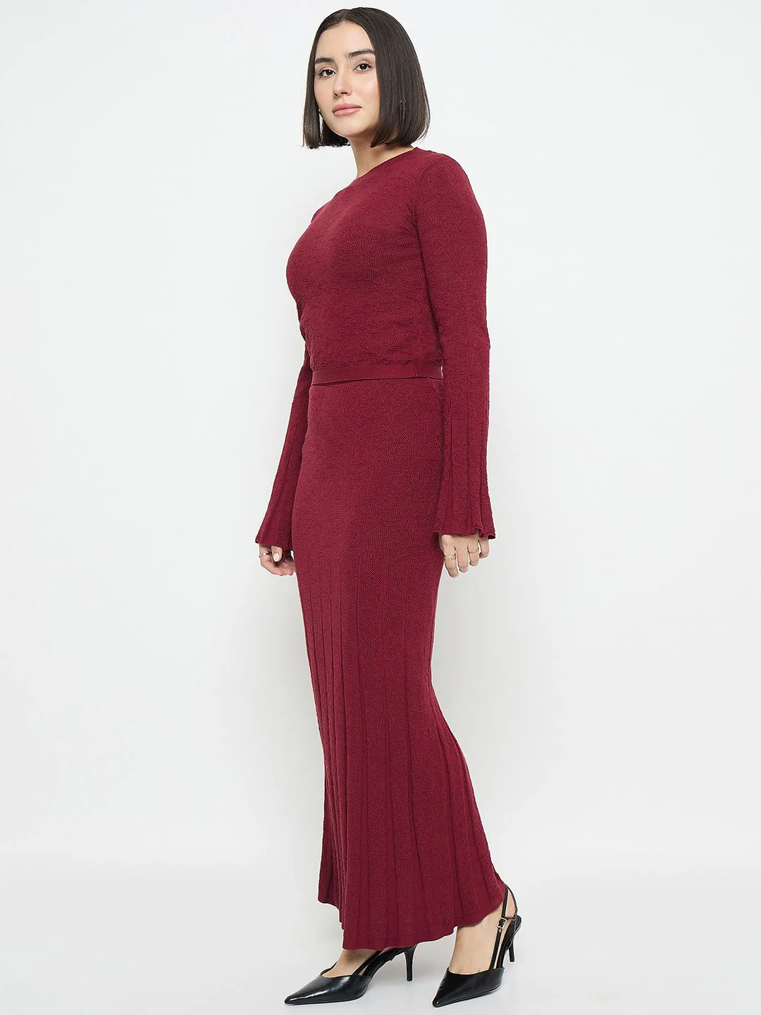 Madame Full Sleeve Top and Maxi Skirt Wine Red Knitted Co-ord Set - Image 5