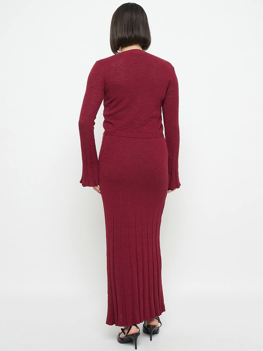 Madame Full Sleeve Top and Maxi Skirt Wine Red Knitted Co-ord Set - Image 6